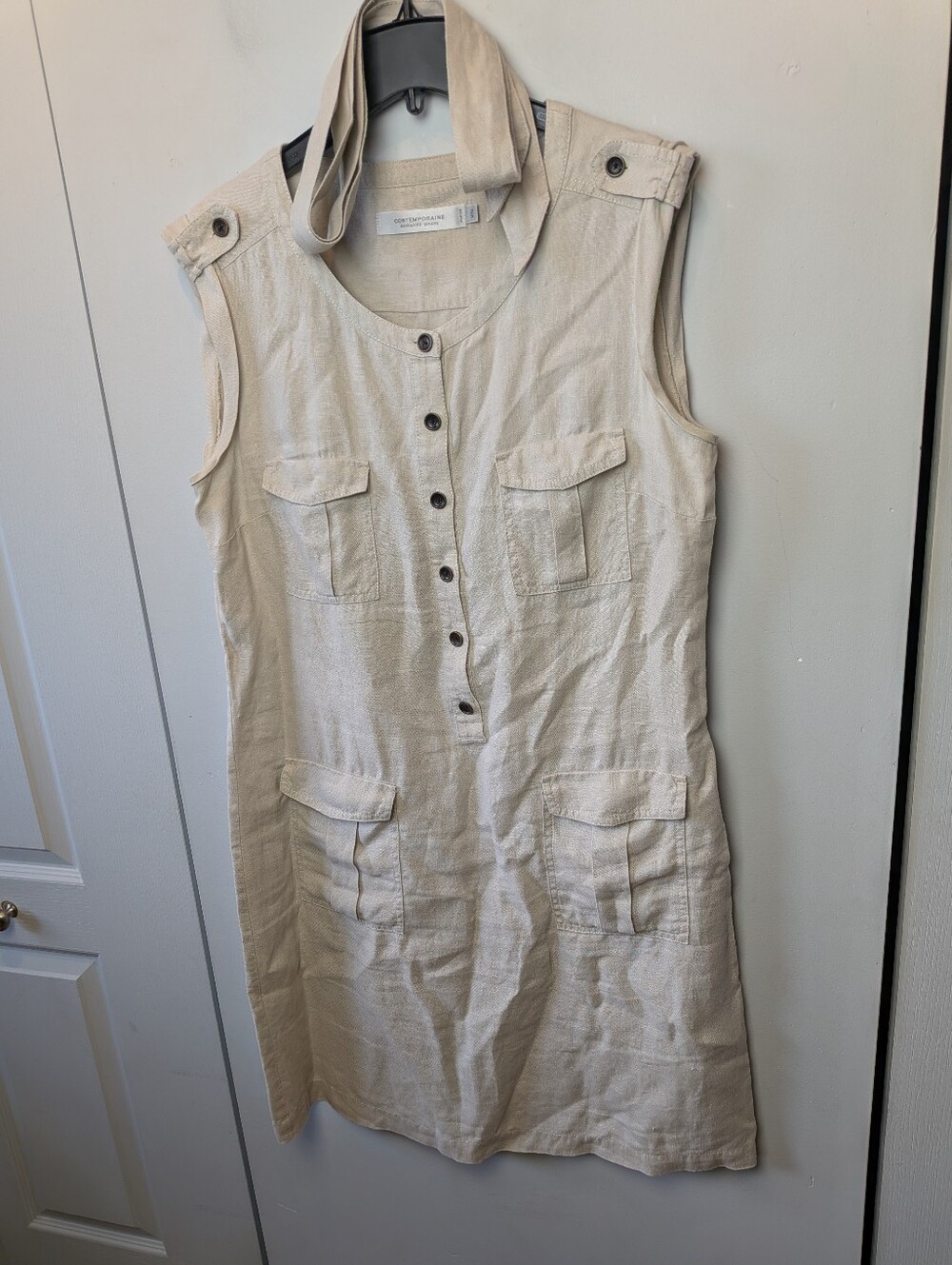 CONTEMPORAINE Women Dress 100% Linen Size Medium (Run Bigger) Waist Belt